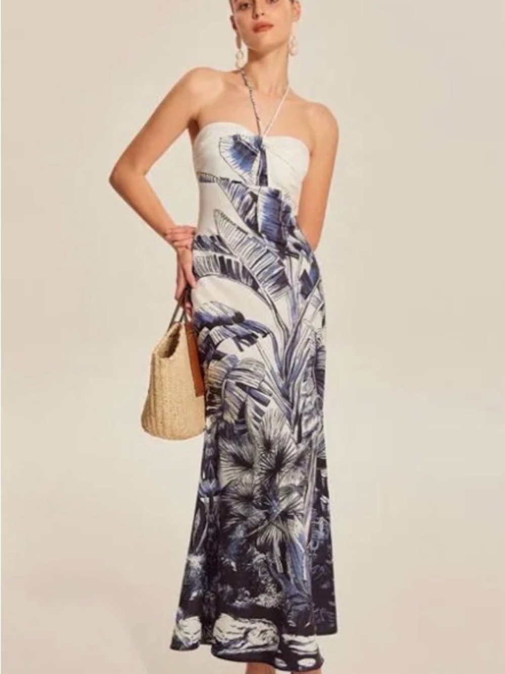 Commense Strapless Halter White and Navy Tropical Print Maxi Dress NWT